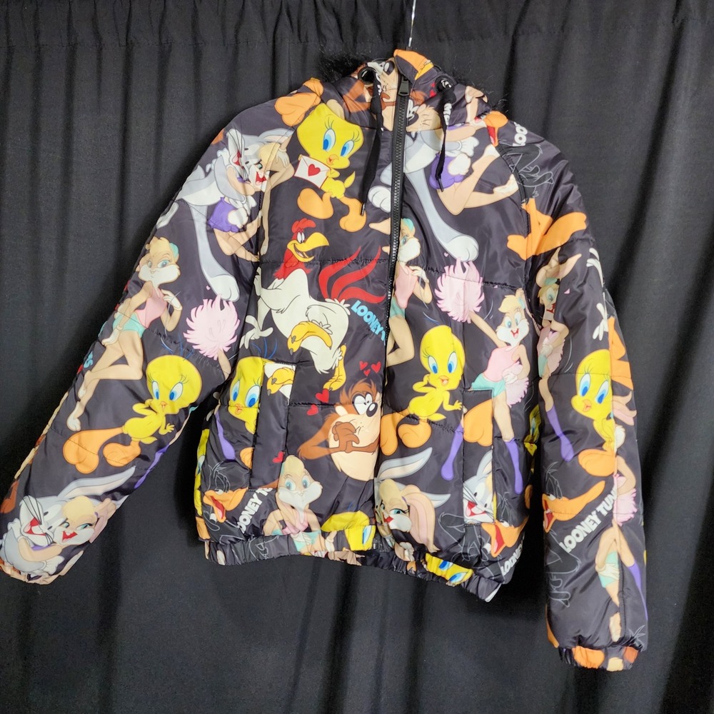 Members‎ Only Looney Tunes Puffer Jacket Hooded Faux Fur Trim Print Mens Medium